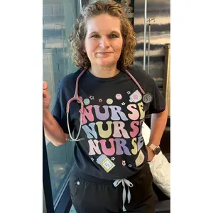 Women's Fitted Groovy Nurse Vibes Graphic T-Shirt - Cotton, Comfortable, Breathable, Crew Neck, Short Sleeve, Bold Print, Everyday Lady Streetwear, Hospital Nursing Wear, Casual Outfits to Pair with Jeans Black