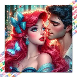 1 set of DIY diamond painting kit, 5D diamond art kit, DIY decoration red long hair, blue butterfly, forest background. Mosaic, diamond art, DIY art home decoration, Craft.
