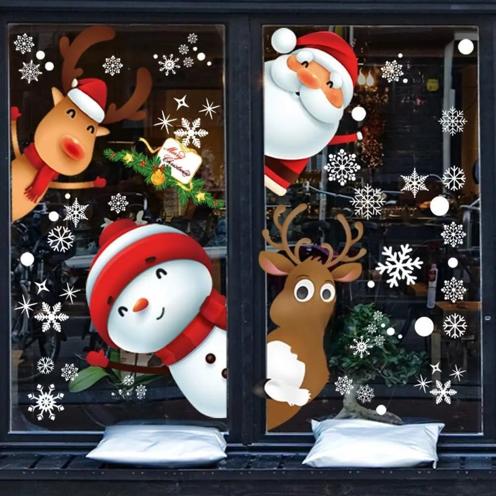 130PCS Christmas Decorative Window Stickers with Snowflake Santa Claus & Reindeer Easy Stick Adhesive Film for Glass Windows Doors Festive Home Decorations