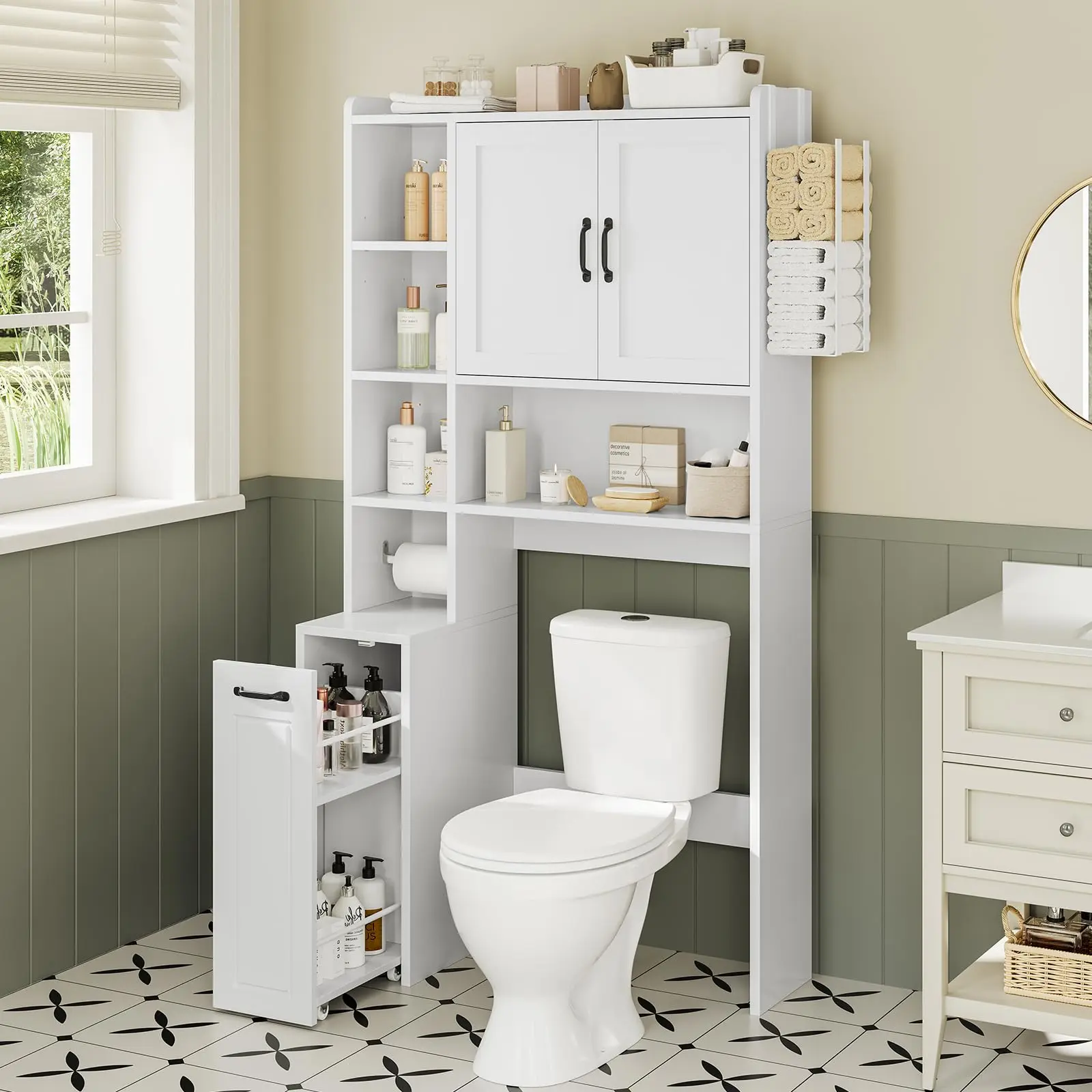 Over The Toilet Storage Cabinet with Pulley, Bathroom Storage Cabine with Adjustable Shelf and Open Shelf, Space-Saving Toilet Rack for Bathroom, Restroom, Laundry, White