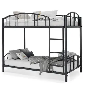 Heavy Duty Metal Twin Over Twin Bunk Bed Frame, Arched Guardrail, Safety Ladder, Space-Saving Design, No Box Spring Needed