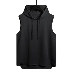 Men's sporty casual loose-fitting drawstring hooded tank top with high-low hem