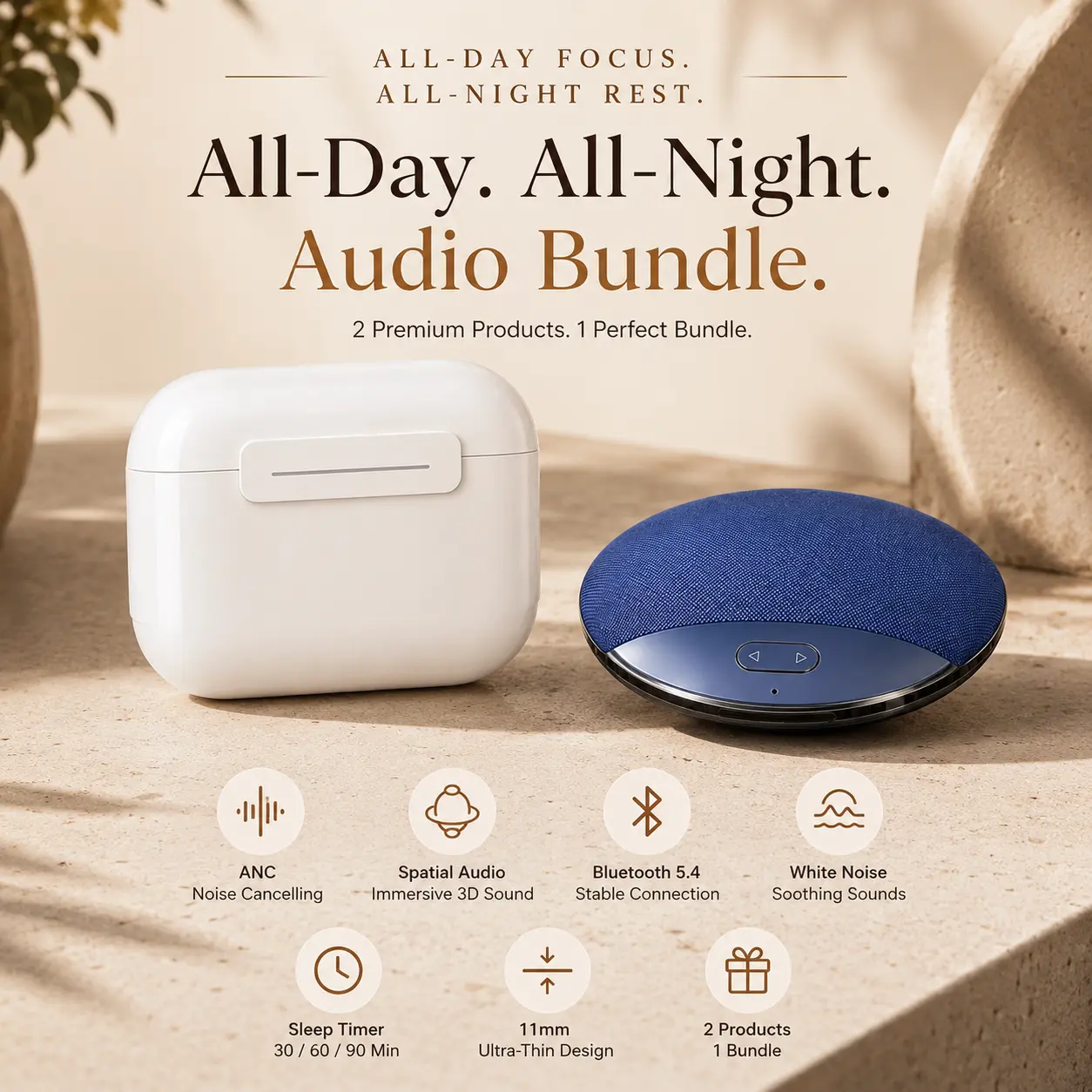 2-in-1 Wireless Bluetooth 5.4 Headphone & Sleep Speaker Bundle, ANC Noise Cancelling, Spatial Audio, Touch Control, Wireless Charging, Ultra-Thin Under-Pillow White Noise Speaker with Sleep Timer