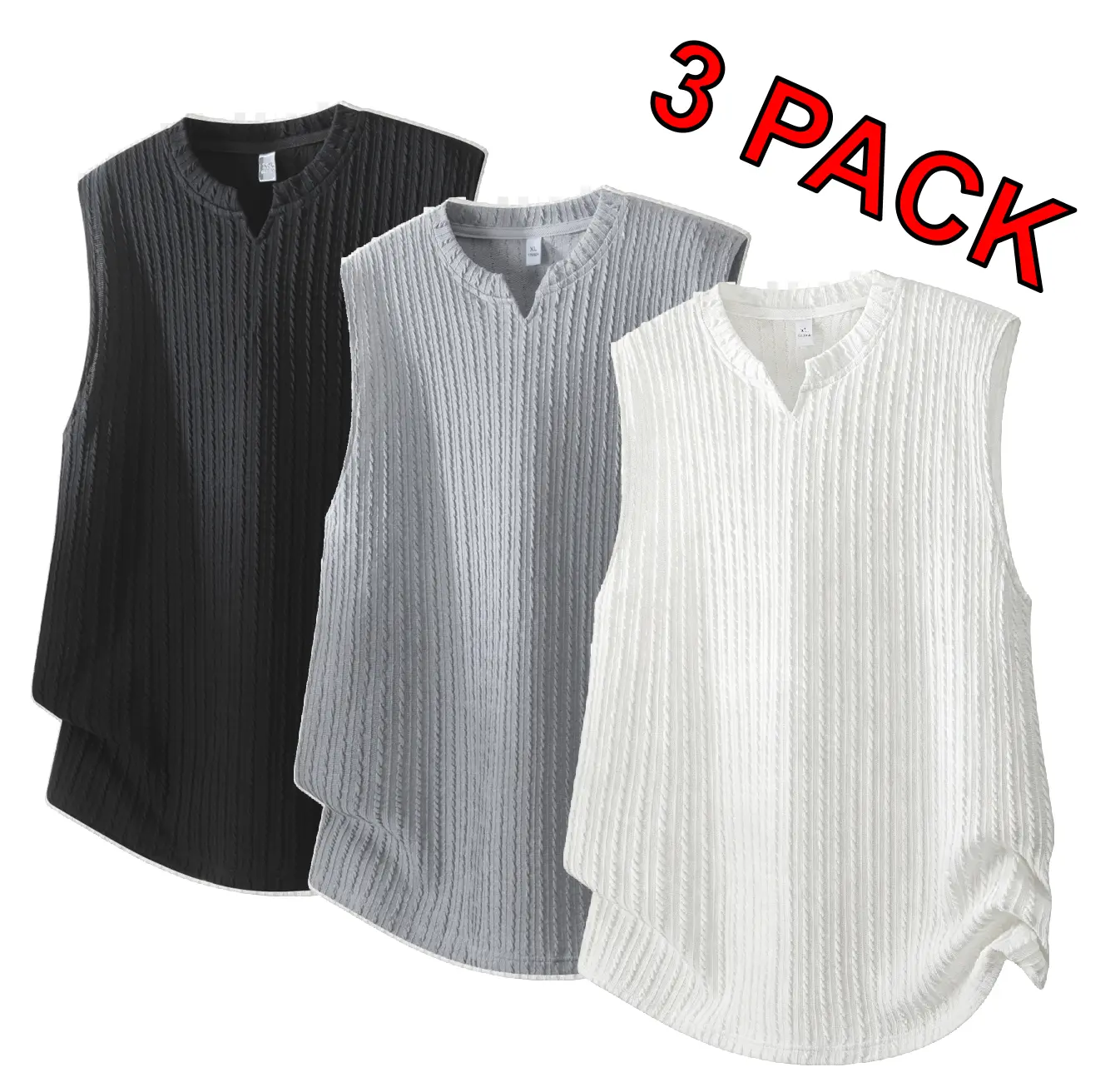 Men's 3-Pack Sleeveless Polyester Knit Tank Tops - Menswear, Striped Cable-Knit, V-Notch Neck, Loose Fit, Curved Hem, Athletic Textured Vest for Everyday Wear & Gym Layering, Matching Multi-Piece Set