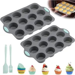 104 Pcs Silicone Muffin Pan Set, 2 Pcs 12 Cup Mini Nonstick Muffin Tray and 100 Pcs Cupcake Liners with 2 Pcs Utensils, Cupcake Molds with Handles, Dishwasher Safe, Heat Resistant to 428 ° F