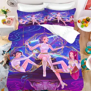 K-POP anime bedding set with matching pillowcases - K-POP themed bedding, featuring K-Drama characters (pink/purple/yellow) perfect for room decor, a K-POP fan gift, and comfortable bedding, Soft bedding set