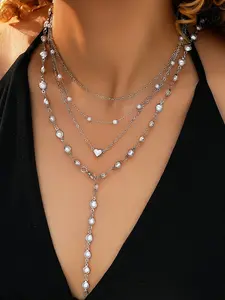 4-Piece Y-Shape Long Necklace Set, Imitation Pearl Star Pendant Layered Design, Vintage Style for Dates, Parties, Dinners, Street Fashion, Necklets