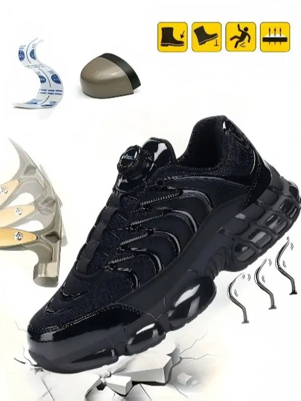 Men's Lace Up Low Top Anti Piercing &Anti Smashing Safety Shoes with Rotating Button,Casual Comfortable Breathable Contrast MeshWork Shoes,Contrast Mesh Design Anti-slipShoes for Outdoor Work, Working Shoes