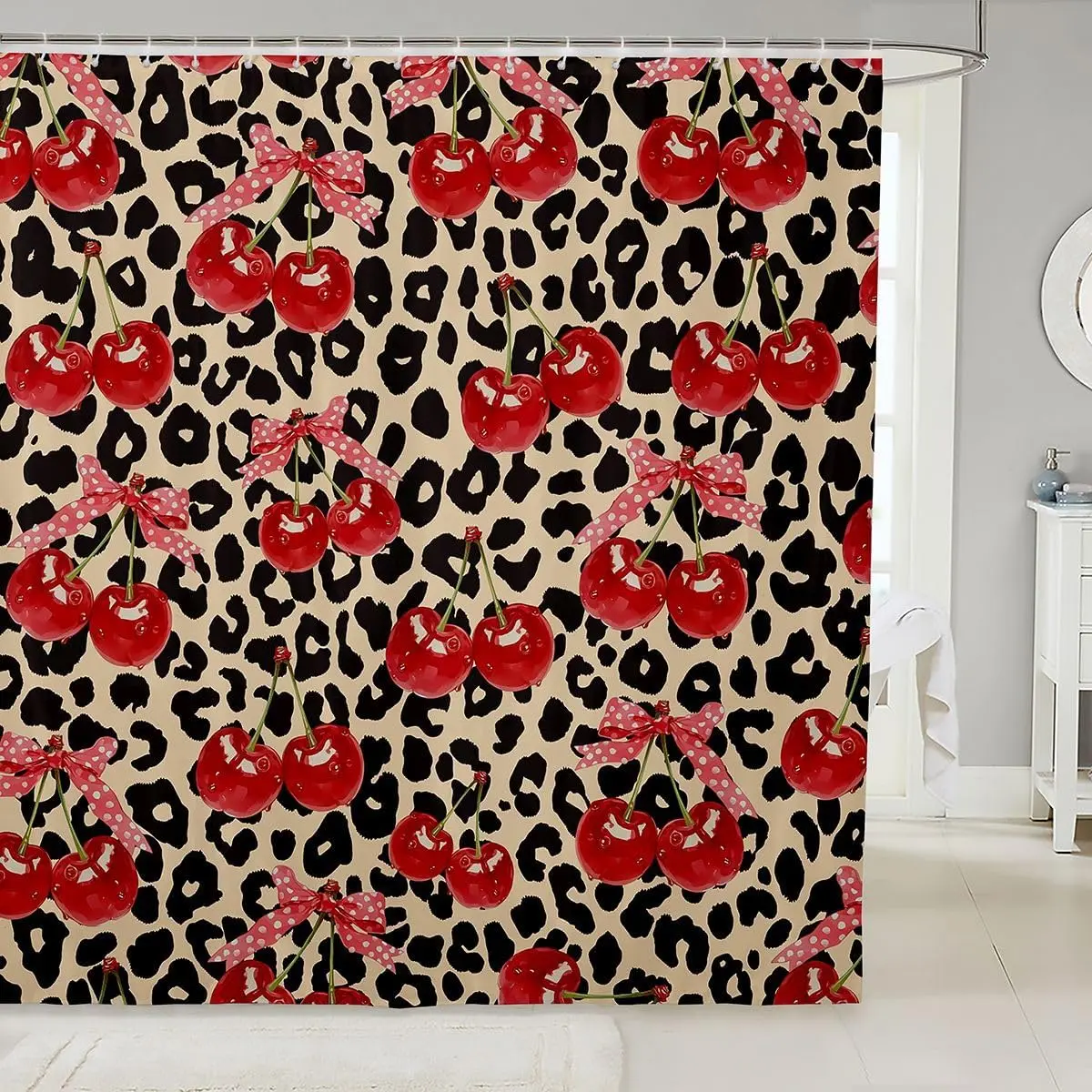 Cherry Bow Fabric Shower Curtain, Brown Leopard Print Bath Curtain, Red Cherry Cheetah Print Bow Tie Shower Curtains for Bathroom,Cute Ribbon Bowknot Kawaii Room Decor Aesthetic