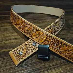 Handmade Leather Belt with Intricate Floral Embossing