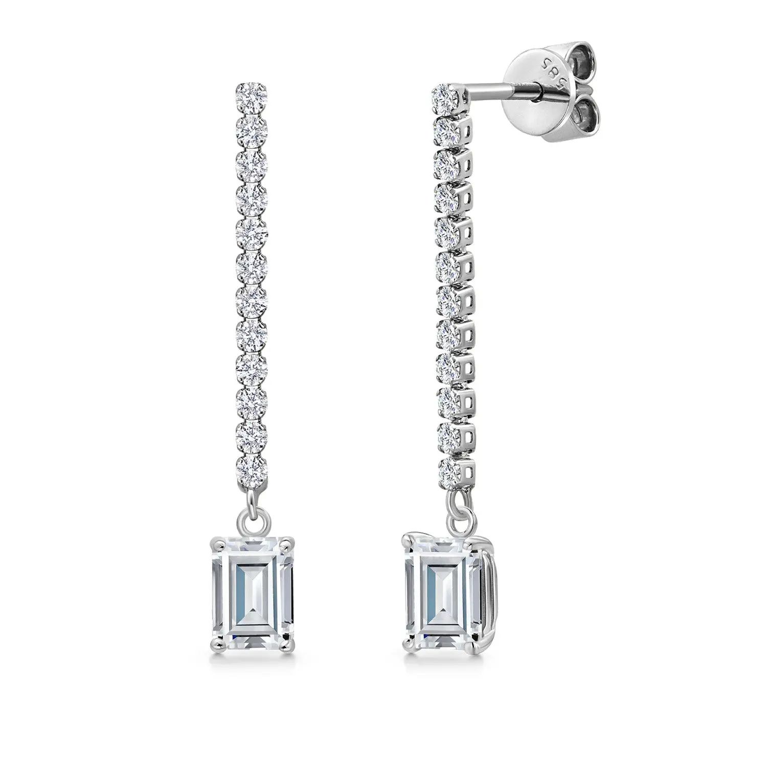 14K White Gold Moissanite and Lab Grown Diamond Long Liner Dangle Earrings for Women | 1.52 Cttw | Emerald Cut 6X4MM | White Gold Chain Drop Earrings
