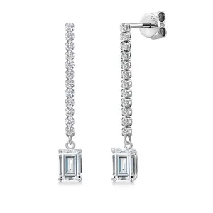 14K White Gold Moissanite and Lab Grown Diamond Long Liner Dangle Earrings for Women | 1.52 Cttw | Emerald Cut 6X4MM | White Gold Chain Drop Earrings