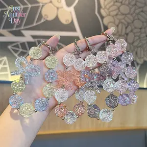 Candy Color Transparent Beaded Keychain, Aesthetic Acrylic Bead Charm Keyring, Cute Bow Pendant Bag & Headphone Decor, Phone Chain Strap