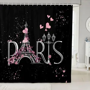 Eiffel Tower Bath Curtain Chic Paris Shower Curtain Romantic Theme Bathroom Shower Curtain Set for Stalls Bathtubs Black Pink Bedroom Decor Modern French Style Waterproof Bathroom Curtains 72Wx72L