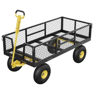 Heavy-duty garden cart, 900 kg capacity – Utility steel platform with removable sides – Convertible handle – 25 cm pneumatic wheels – for lawn, farm, warehouse – Black body, yellow handle