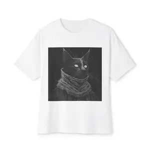 Men's Boxy-Relaxed Fit Round Neck Short-Sleeve Breathable Solid Cotton Casual T-Shirt - 1 Piece, Mystic Black Cat Portrait Design, Menswear Hemmed Top for Layering
