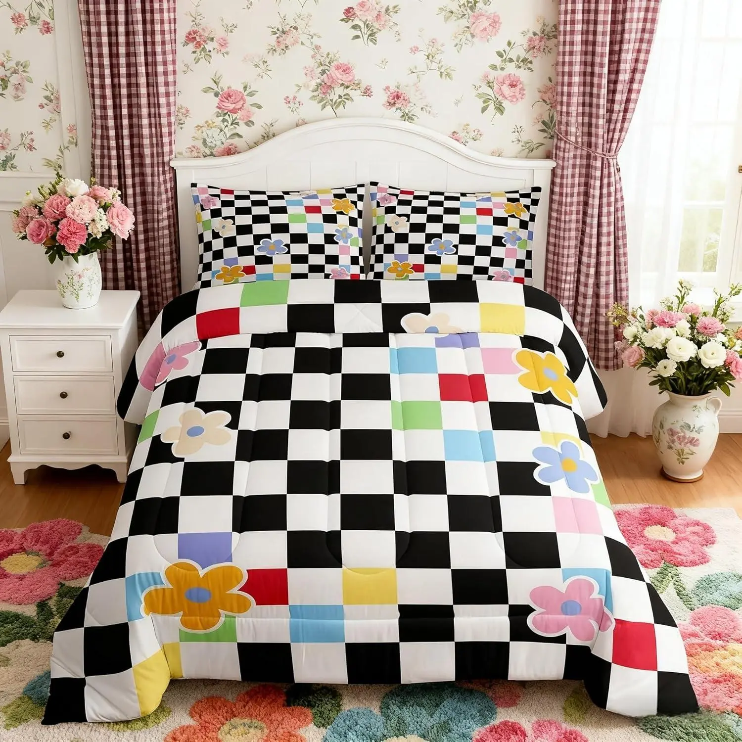 Cartoon Daisy Flowers Kids Comforter Set,Geometric Plaid Grid Checkerboard Bedding Set,Girls Women Room Decor,Chic Floral Patchwork Down Comforter,Abstract Duvet Insert
