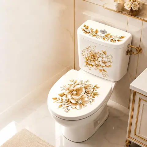 Bathroom Toilet Sticker Set PVC Self-Adhesive Floral Matte Finish Irregular Shape Luxury Design 3 Piece Decorative Decals for Bathroom Decor Restroom Accessories