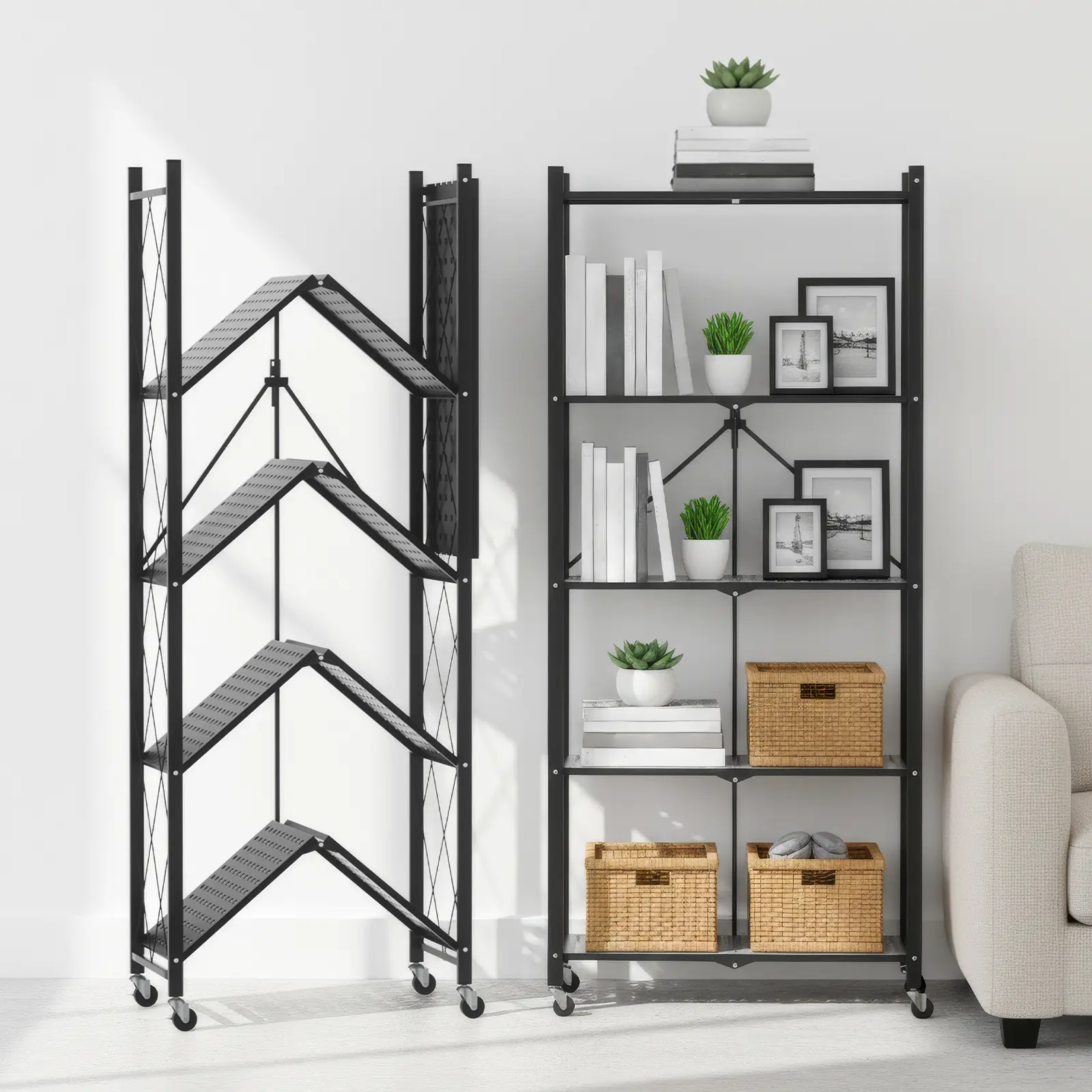 5-Shelf Folding Bookcase with Wheels, Heavy Duty Storage Shelves, Freestanding Metal Wire Shelving Unit for Living Room, Office, Kitchen, Basement, Pantry