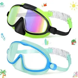 Swimming Goggles with Nose Guard, 2pcs Waterproof Anti-fog Large Frame Swim Glasses for Ages 3-12, High-definition Coating Outdoor Swim Eye Protection, Swimming Accessories