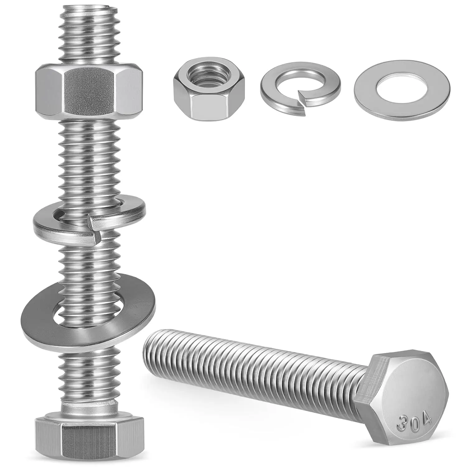304 Stainless Steel Hex Head Screw Bolt Kit (6 Sets) - 5/16-18 x 3-1/2 Full Threaded, Includes Nuts & Flat Washers for Home Supplies