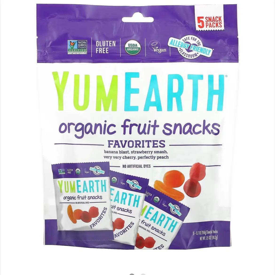 YumEarth Organic Vegan Fruit Snacks, 0.7 Ounce Snack Packs, 43 pack - Allergy Friendly, Non GMO, Gluten Free, Vegan (Packaging May Vary) Organic Sugar Free Low Sugar Low Fat Natural Dairy Free Fruity Pack Candy Sweet Strawberry Banana Peach