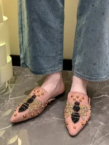Vintage Luxe Animal Rhinestone Mule Slippers, Bee/fox Embellished Metal Studs, Soft Sole Comfort, Commute/date/party/daily Wear