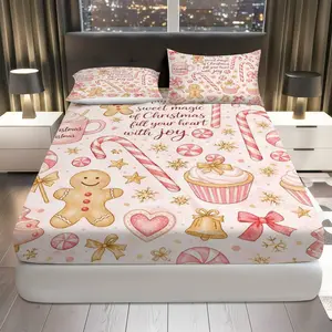 3Pcs Christmas Gingerbread Candy Fitted Sheet Three Piece Set (1*Fitted Sheet+2*Pillowcases, Coreless), Christmas theme, Festive Holiday Bedding Set, Mattress protector Soft, Breathable