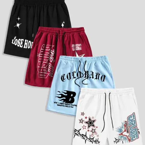 Men's Letter & Graphic Print Shorts, Casual Comfy Breathable Pocket Drawstring Waist Shorts for Daily Wear, Men's Bottoms for Summer, Fit Shorts, Breathable Printed Shorts, Drawstrings Shorts