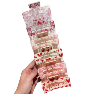 6pcs  Women Heart Printed Square Hair Clips, Sweet & Cute Style Hair Accessories, Suitable For Valentine's Day, Everyday Casual And Outdoor Wear, Party, Dating, Women Accessories, Valentine's Day Gift. Size: Approx. 3.35inch/8.5cm Flower Hair Clip