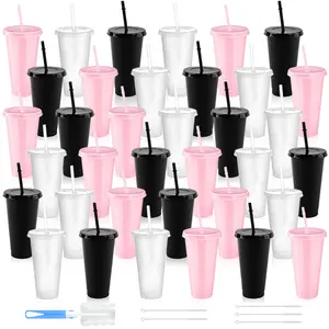 24 Pack Plastic Cups with Lids and Straws | Black Pink Clear Reusable Tumblers | Includes Cup Brush & 5 Straw Brushes | Ideal for Home Decor, Kitchen Accessories, Coffee Cups, Water Bottles