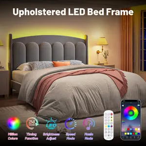 TryLazy Led Bed Frame, No Mattress, Soft Modern Bed Frame with Luxury Leather Headboard, APP Adiust the Light, No Box Spring Needed, Easy Assembly