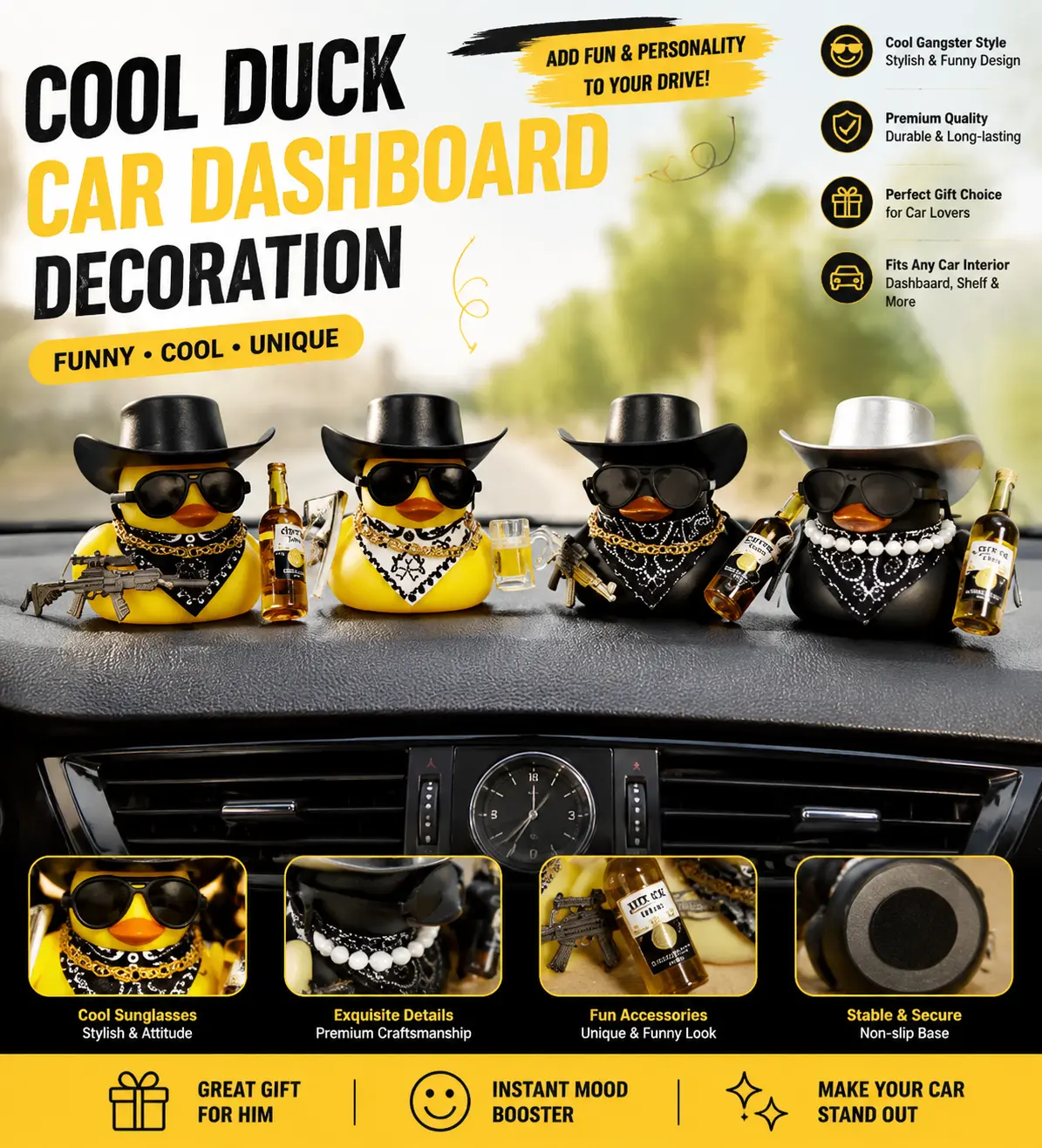 Cool Duck Car Dashboard Decor, Funny Gangster Duck Ornament with Sunglasses, Unique Car Interior Accessories Gift for Men