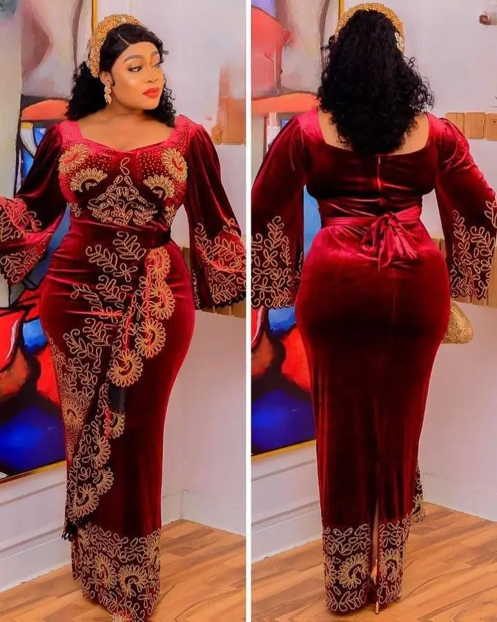 Elegant Burgundy Velvet Rhinestones Ruffled Maxi Dress - African Wedding Attire Birthday Party Photoshoot Formal Traditional Outfit Iro and Buba Dress Nigerian Wedding Guest Engagement Reception Ceremony Turkey Dresses for Women