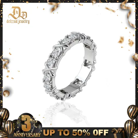 Delzzad 14K Gold-Plated Cross Eternity Ring VVS Synthetic Moissanite Ring Band S925/Copper Christmas Gift For Wedding Anniversary