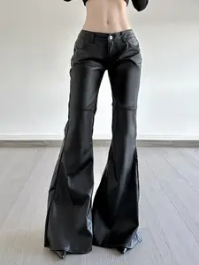 Women's Fashion Street Style Low Waist PU Leather Flared Pants, Trendy Casual Wide Leg Jeans, Comfortable and Stylish Women's Clothing