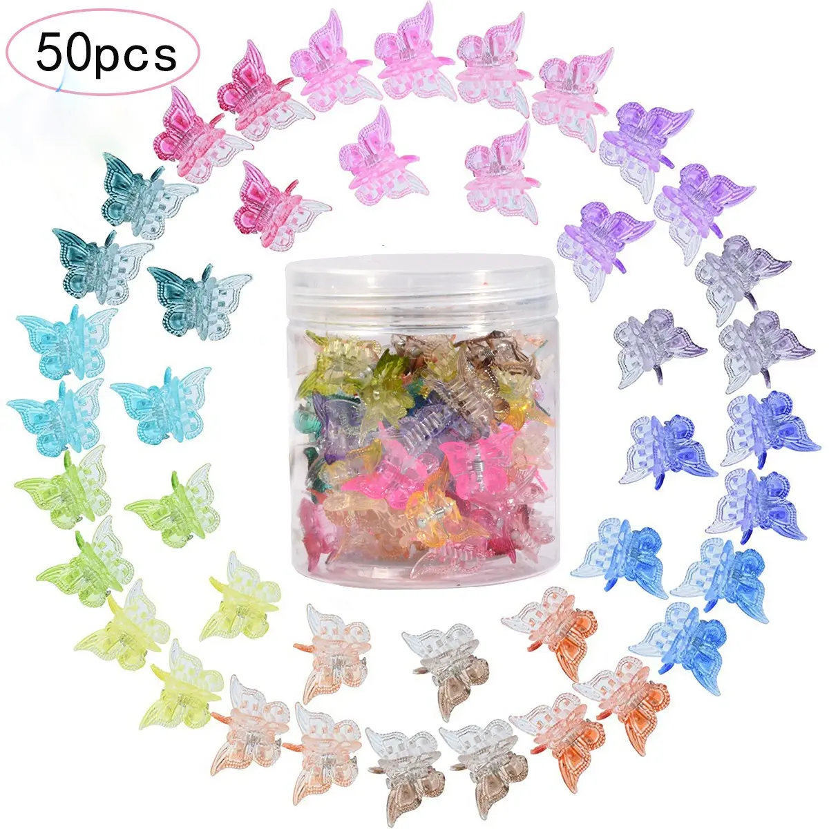 50 pcs Bulk Pack Sparkly Mini Butterfly Hair Clip - Candy-Colored Spray-Painted & Glittery Style, Sweet Elegant Non-Damaging Grab Clip, Fun Hair Clips, Perfect for Taming Side Bangs & Flyaways, Fashion Hair Accessories for Girls & Women
