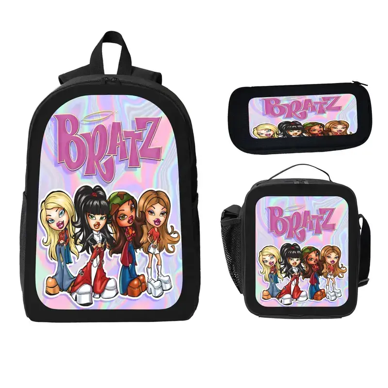 Bratz Character Print 3-in-1 Backpack Set - Casual Unisex School Use Bag with Lunch Box, Pencil Case, 600D Oxford Cloth, Adjustable Straps, Comfortable Mesh Back Cushioning, Large Cap. Lightweight Design