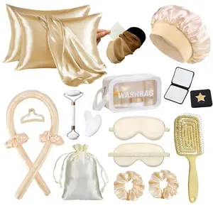 Sleep Hair Care Set 19pcs, Includes No-Heat Curler, Satin Pillowcase, Sleep Cap, Eye Mask, Scalp Massager and Jade Roller, Ideal for Women's Night Use