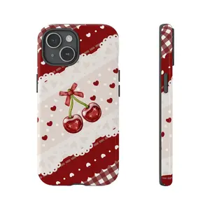 Cherry Heart Phone Case | Red Cherry Coquette Aesthetic Tough Cover | Cute iPhone 8-17