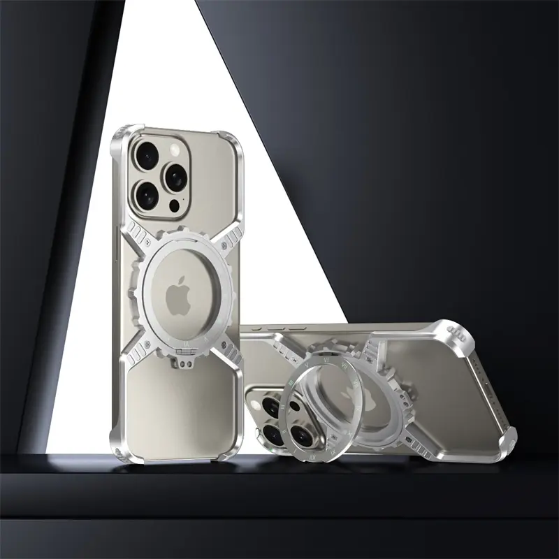 Fin 360° Stand X-shaped Mechanical For iPhone 17 14 13 15 16 Pro Max Plus gear Aluminium Magnetic Frameless Noctilucent Phone Cover