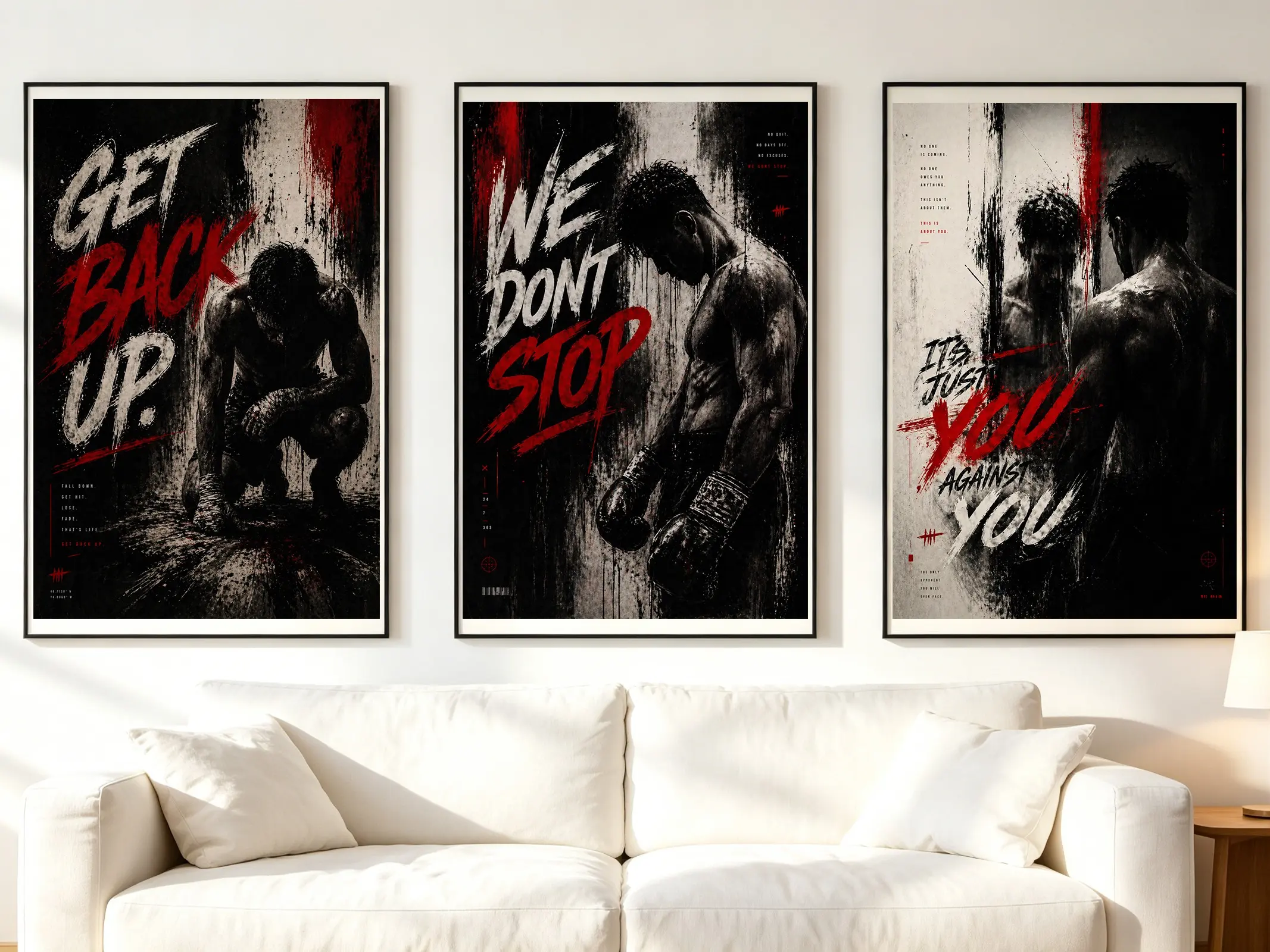 Dark Aesthetic Boxing Motivational Poster Set Fall & Rise Hardcore Quotes Collectible Decor For Gym & Fight Fans