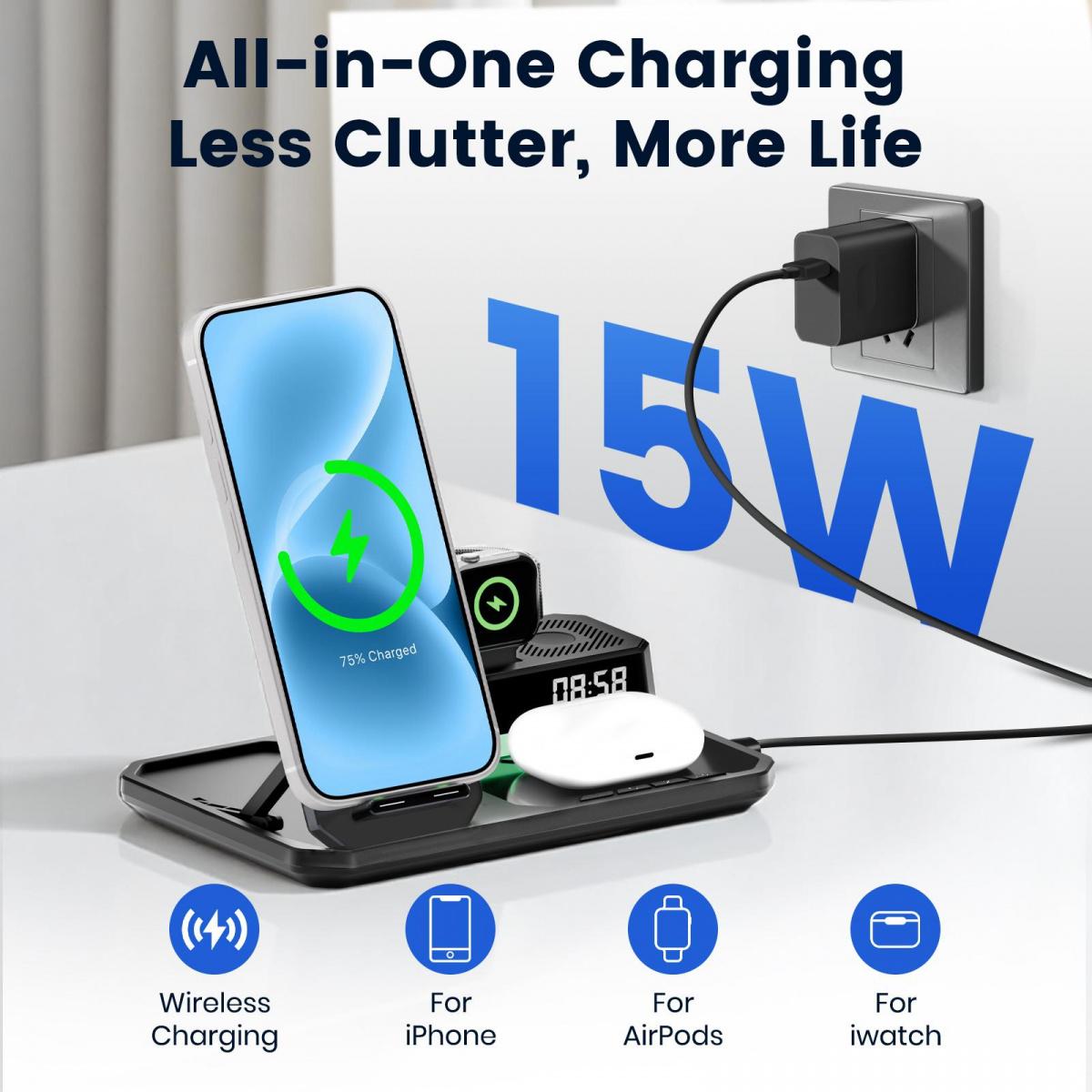 JPTREK 6-in-1 Wireless Charging Station with Speaker & RGB Light – Clean Desk Setup Must-Have