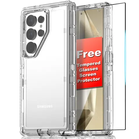 Heavy Duty Shockproof Cellphone Casing for Samsung Galaxy S25/S24/S23 Plus, S22 Ultra - Protective Phone Cover with Free Scratch Guard Glass, Crystal-Clear Back Display, Handheld Device Accessory
