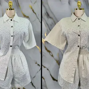 Elegant Women's Short Sleeve Buttoned Shirt with Dot Pattern, Classic Design, Ideal for All Seasons