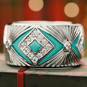 Exquisite cowboy legend ring, Western ring, synthetic zircon enamel Art Deco style silver ring, geometric wide band