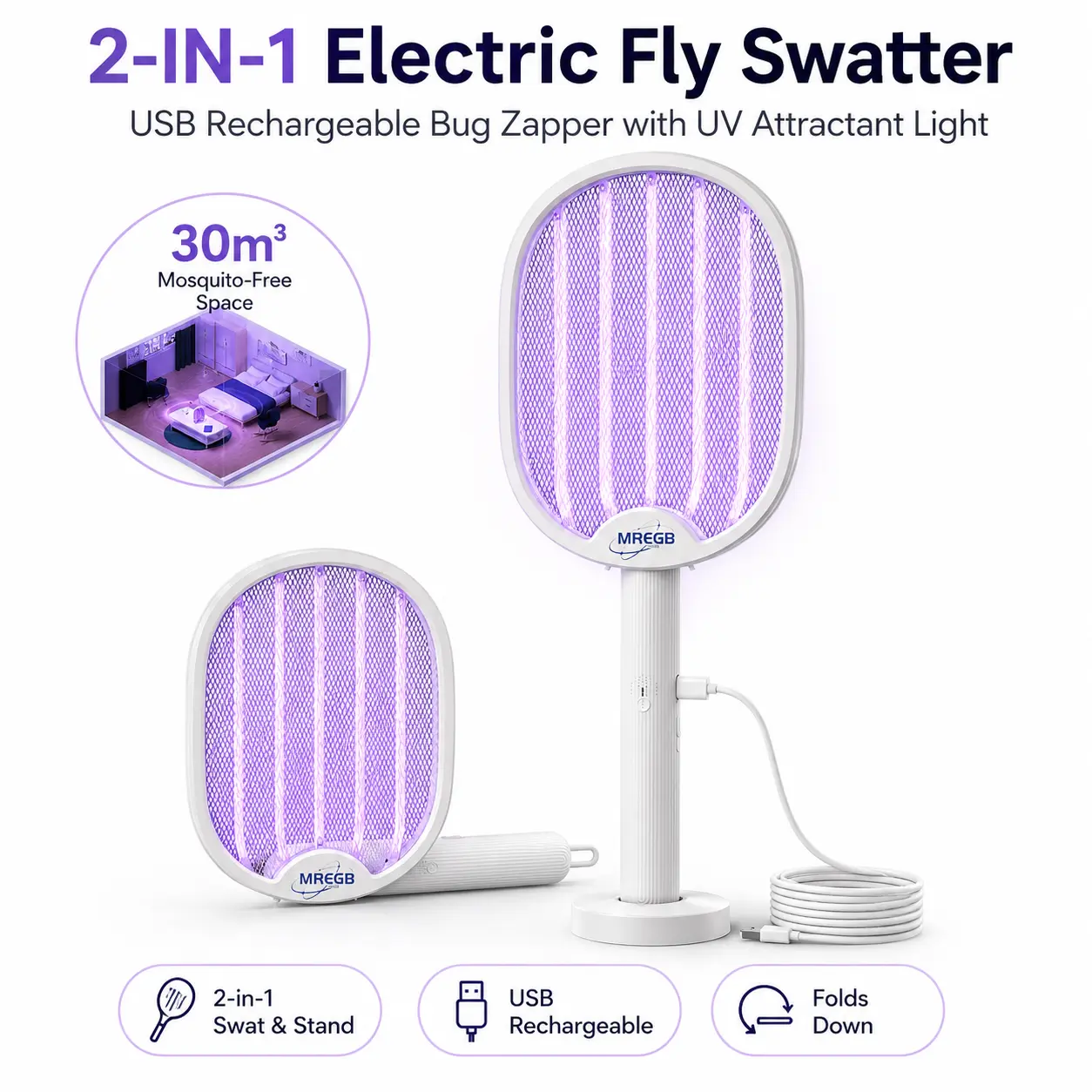 MREGB Foldable Stainless Steel Electric Fly Swatter Racket - 2-in-1 USB Rechargeable Bug Zapper with UV Attractant Light, Stand Base, Auto Mode, 3-Layer Mesh, Portable Handheld Trap for Indoor/Outdoor Use, Folds Down