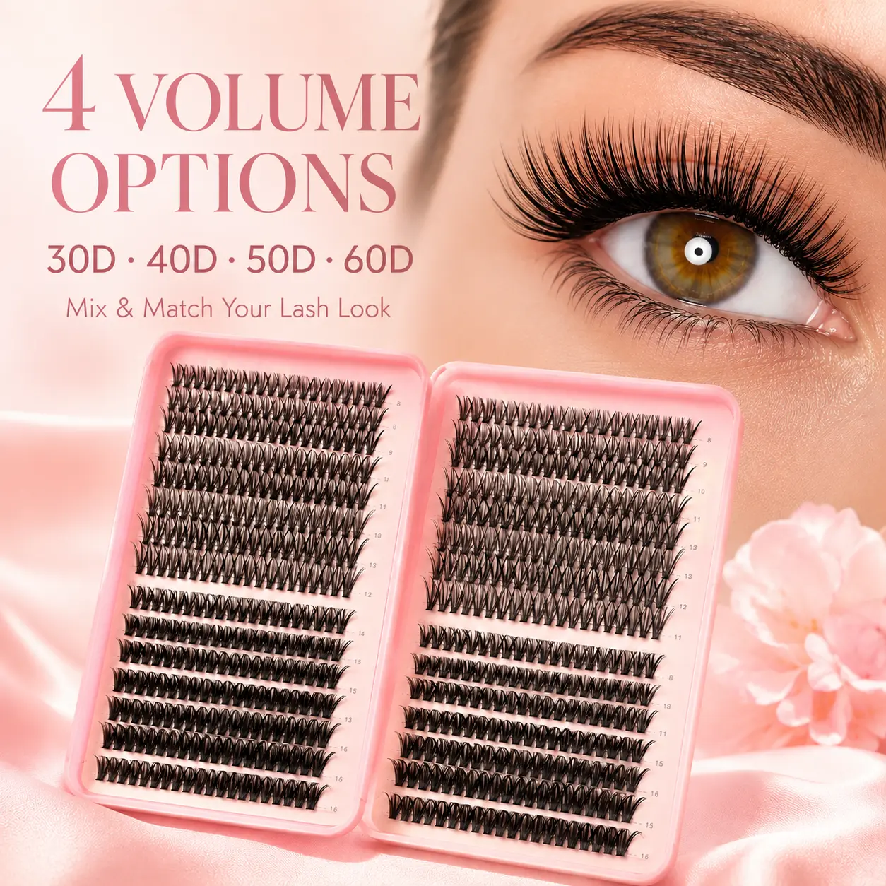 640 clusters of self-adhesive false eyelashes, D-curl (mixed lengths 9–16mm), featuring a variety of specifications (30D/40D/50D/60D) to create a lightweight yet voluminous look—perfect for DIY beauty.