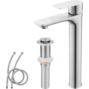 Bathroom Vessel Sink Faucet Brushed Nickel, Stainless Steel Tall Bathroom Faucet for Vessel Sink One Hole, Single Handle Lavatory Vanity Faucet with Metal Pop Up Drain & Water  Hoses