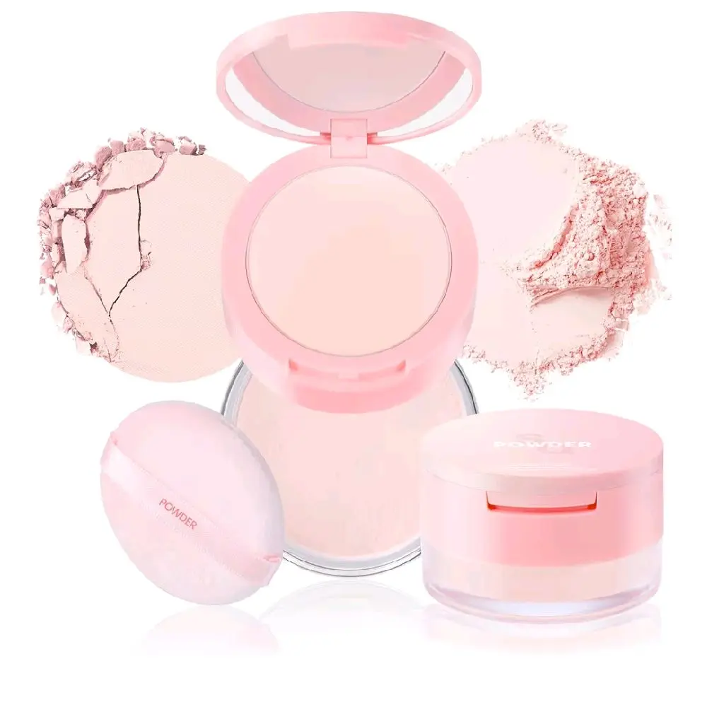 Pink Setting Powder, Loose and Pressed Face Powder 2 in 1 Bright Blurring Powder for Makeup 24H Oil Shine Control Bake Finishing Powder for All Skin Type Natural Matte Finish #Pink